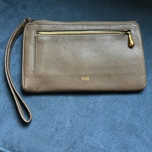 HOBO Tan Leather Wristlet with Gold Zipper